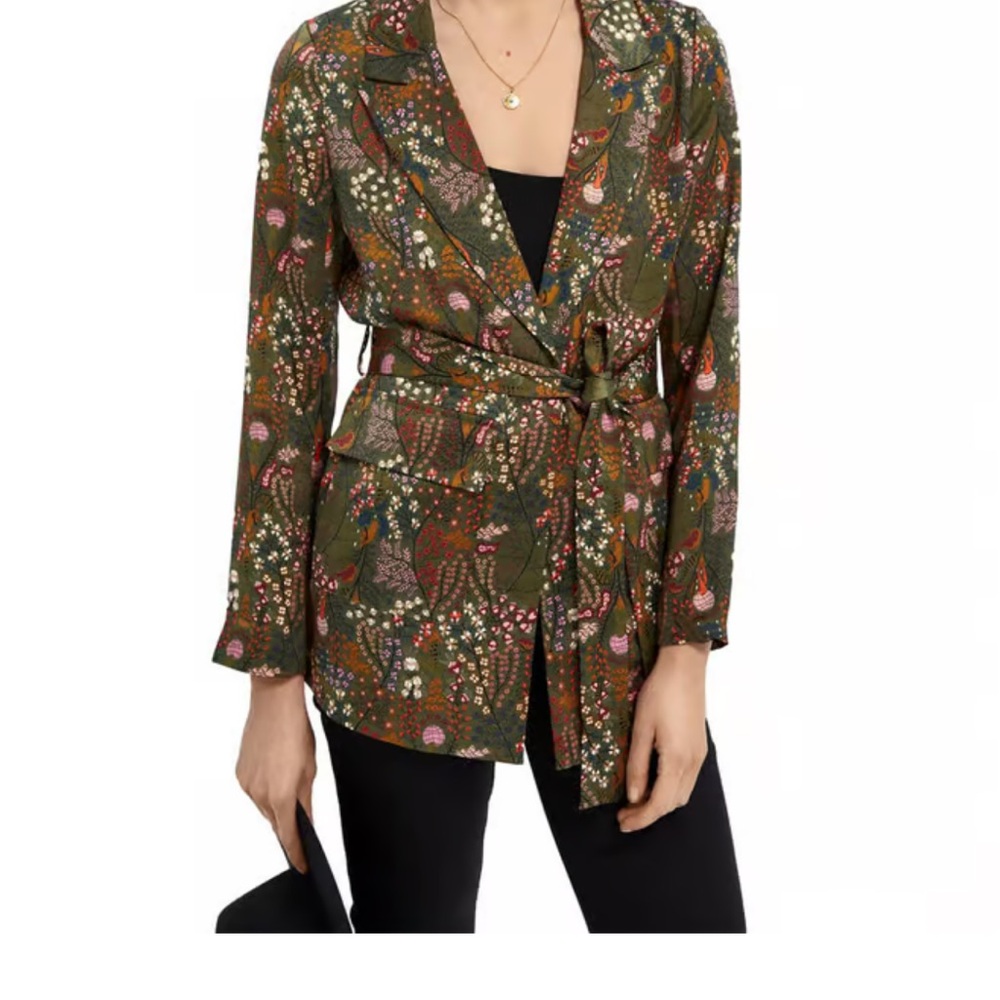 Green Floral Print Blazer with Belt